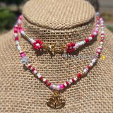 Red & White & Pink Daisy Beaded Necklace |Flower Bead Bead Necklace | Urban Vibe Chic | Seed Bead Jewelry