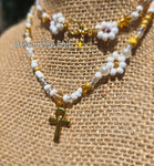 Nude & White & Gold Daisy Beaded Necklace |Flower Bead Bead Necklace | Urban Vibe Chic | Seed Bead Jewelry