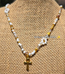 Nude & White & Gold Daisy Beaded Necklace |Flower Bead Bead Necklace | Urban Vibe Chic | Seed Bead Jewelry