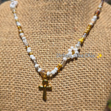 Nude & White & Gold Daisy Beaded Necklace |Flower Bead Bead Necklace | Urban Vibe Chic | Seed Bead Jewelry