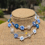 Blue & White Daisy Beaded Necklace |Flower Bead Bead Necklace | Urban Vibe Chic | Seed Bead Jewelry