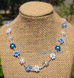 Blue & White Daisy Beaded Necklace |Flower Bead Bead Necklace | Urban Vibe Chic | Seed Bead Jewelry