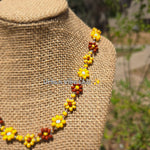 Brown & Yellow Daisy Beaded Necklace |Flower Bead Bead Necklace | Urban Vibe Chic | Seed Bead Jewelry