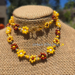 Brown & Yellow Daisy Beaded Necklace |Flower Bead Bead Necklace | Urban Vibe Chic | Seed Bead Jewelry