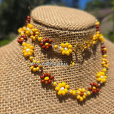 Brown & Yellow Daisy Beaded Necklace |Flower Bead Bead Necklace | Urban Vibe Chic | Seed Bead Jewelry