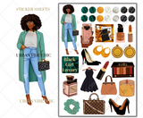 Black Girl Planner Stickers - Dark Skin Mint Coat