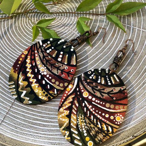 Hand Painted Oval Wood Earrings -  Autumn  Chic