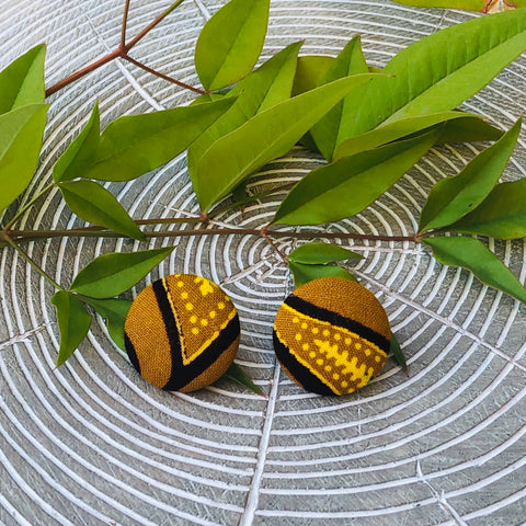 African Print Button Earring - Gold