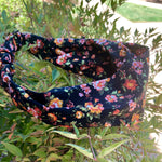 Wide Wrap Turban Headband - Black Flower Headband