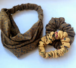 Wide Wrap Turban Headband -  khaki & Blue Flower