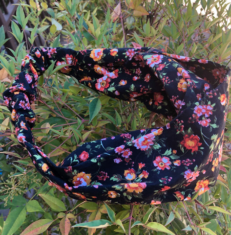 Wide Wrap Turban Headband - Black Flower Headband