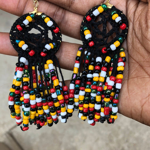 Crochet Dream Catcher Wood &  Seed Bead Around Black Girl Magic Earrings -  Black Hoops