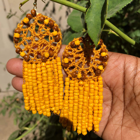 Crochet Dream Catcher Wood And Seed Bead Around Black Girl Magic Earrings - Yellow Crochet Hoops