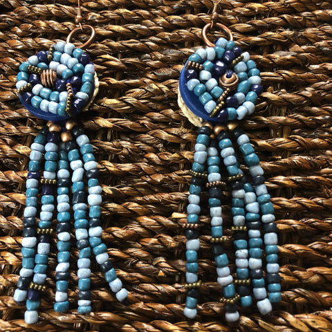 Blue Hand Painted Bead Dangle Earrings