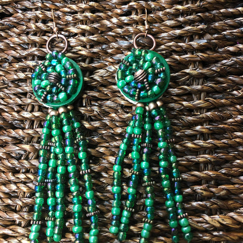 Green Hand Painted Bead Earrings