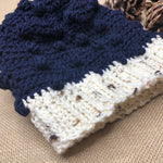 Hand Knit Crochet Navy Blue and Oatmeal Winter Hat | Slouchy Hat | Puff Beanie Cozy Thick Winter Hat | Women Winter Hat |  Cozy Unsex