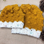 Mommy and Me Hand Knit Crochet  Set Mustard Yellow and Ivory Winter Hat | Slouchy Hat | Puff Beanie Cozy Thick Winter Hat | Women Winter Hat