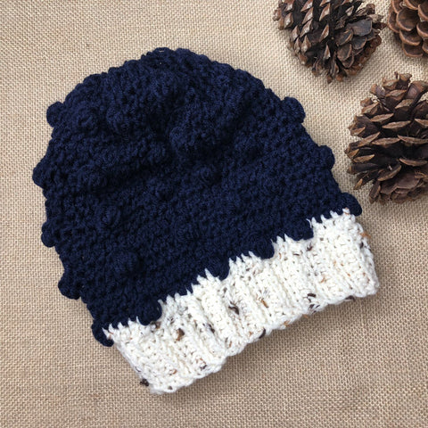 Hand Knit Crochet Navy Blue and Oatmeal Winter Hat | Slouchy Hat | Puff Beanie Cozy Thick Winter Hat | Women Winter Hat |  Cozy Unsex
