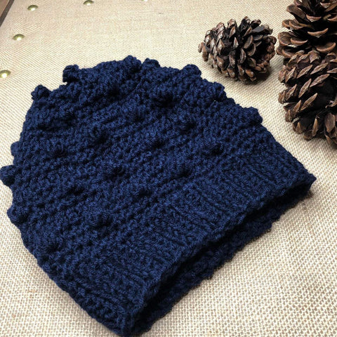 Hand Knit Crochet Navy Blue Winter Hat | Slouchy Hat | Puff Beanie Cozy Thick Winter Hat | Women Winter Hat |  Cozy Unsex