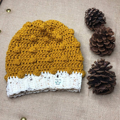 Hand Knit Crochet Mustard Yellow and Ivory Winter Hat | Slouchy Hat | Puff Beanie Cozy Thick Winter Hat | Women Winter Hat | unisex Beanies