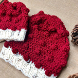 Mommy and Me Hand Knit Crochet  Set Christmas Red and Ivory Winter Hat | Slouchy Hat | Puff Beanie Cozy Thick Winter Hat | Women Winter Hat