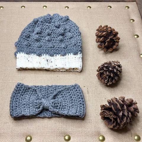 Cozy Winter Crochet Beanie Hat and Ear Warmer Headband Grey Set