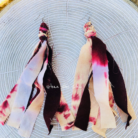 Clearance Earrings Sale, Tie Dye Bohemian Tassel Earrings - Burgundy & Blush Pink, Fringe Tassel Earrings, Urban Vibe Chic