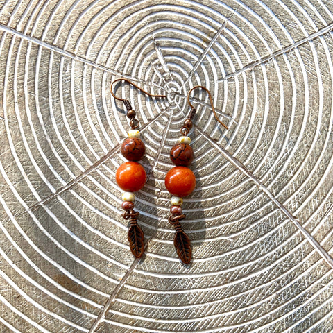 Bronze & Burned Orange Agate Beaded Bronze Leaf Dangle Earrings,  Indian Agate Beaded Earrings, Dangle Stone Earrings, Agate Boho Earrings