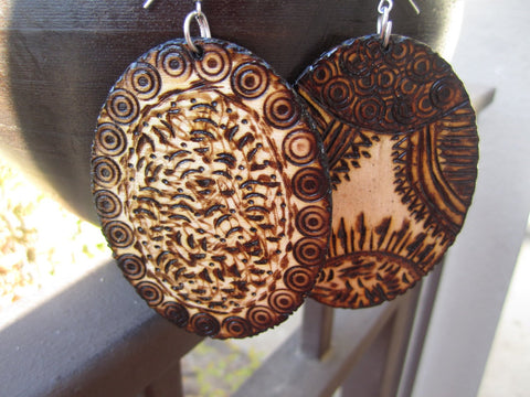 Double Sided Oval Tribal Wood Burn Earrings